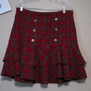 Red Plaid Tartan Tiered Skirt With Gold Button Accents Side Zip SZ 14 by Venus